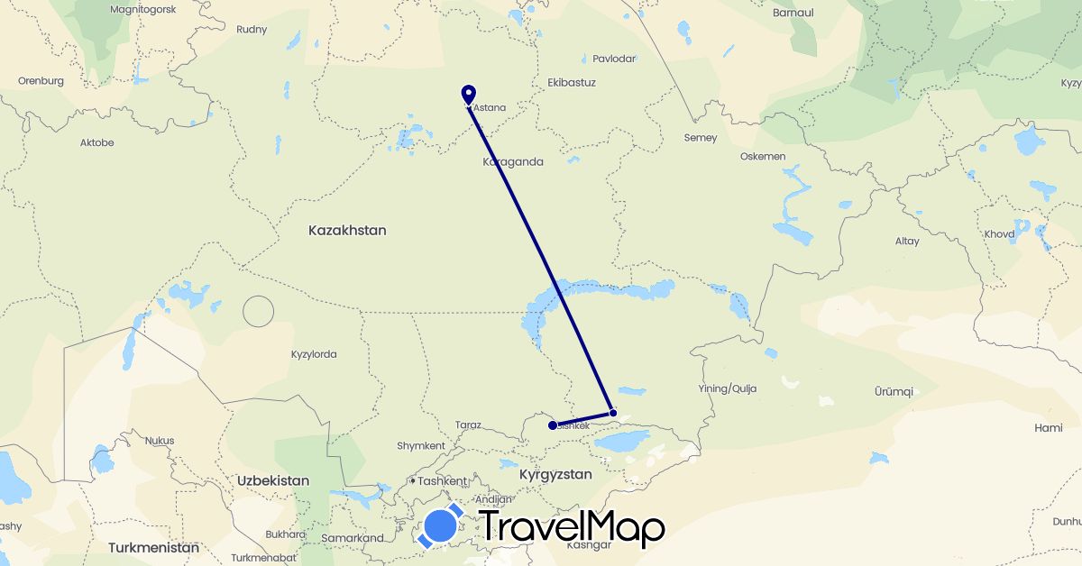 TravelMap itinerary: driving in Kyrgyzstan, Kazakhstan (Asia)